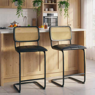 Sunvega Counter Height PU Leather Bar Stools with Rattan Back and Cantilever Design