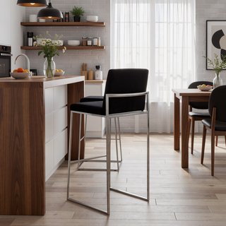 Sunvega Contemporary High Back Barstool with Padded Velvet Seat and Stainless Steel Frame