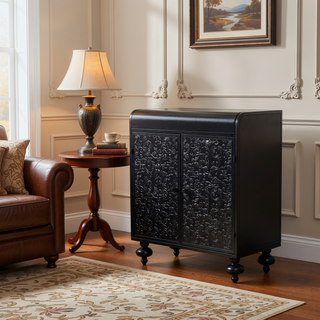 Sunvega Distressed Black Accent Cabinet With Embossed Pattern And Two Doors