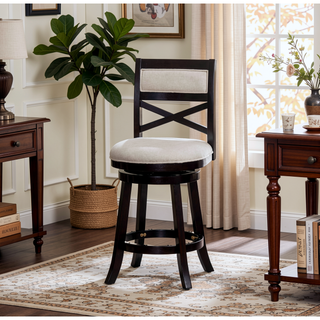 Sunvega 24 Inch Counter Height X-Back Swivel Stool with Beige Fabric Seat and Cherry Finish
