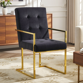 Sunvega Modern Linen Dining Arm Chair with Tufted Design and Gold Metal Base