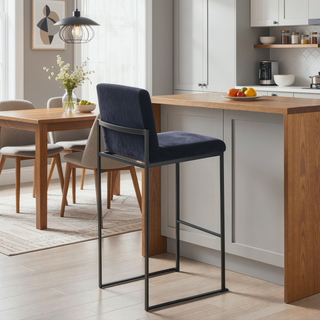 Sunvega Contemporary High Back Barstool with Black Steel Frame and Black Velvet Upholstery