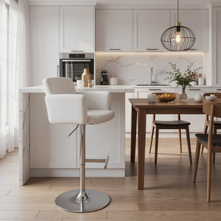 Sunvega Stout Contemporary Adjustable Barstool with Swivel and White Faux Leather