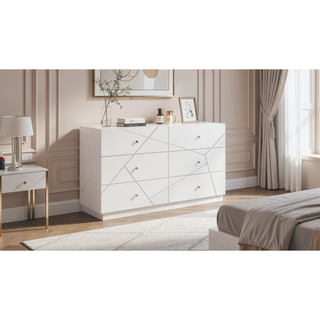 Sunvega White Lacquer Dresser with Six Smooth-Glide Drawers and Marble Accents