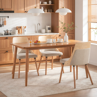 Sunvega Mid-Century Modern Dining Chair in Natural Bent Wood and Cream Fabric Set of 2