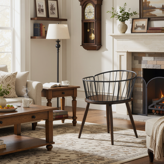 Sunvega Industrial Spindle-Back Dining Chair with Dark Walnut Wood Seat and Black Metal