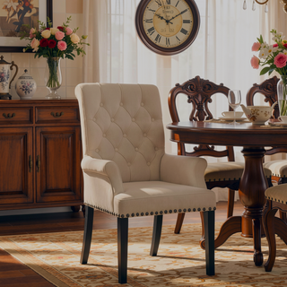 Sunvega Norwich Sand Upholstered Dining Arm Chair with Button-Tufted Back and Nailhead Trim