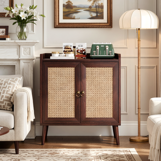 Sunvega Medieval Style Buffet Cabinet with Rattan Doors and Baffle Strip Design