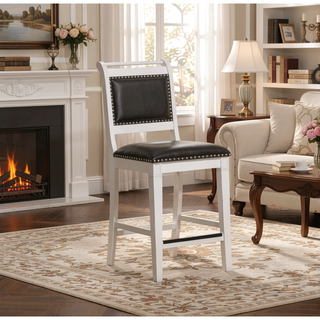Sunvega Antique White Finish Black Leather Seat Farmhouse Counter Stool