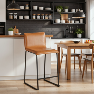 Sunvega Modern Black Metal and Camel Faux Leather Counter Stool Set of 2