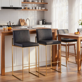 Sunvega Gold Steel and Black Faux Leather High Back Barstool with Padded Seat