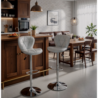 Sunvega Silver Faux Leather Adjustable Stool Set of 2 with Tufted Seats and Chrome Base