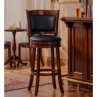 Sunvega Dark Cherry Finish Swivel Bar Chair with Black Faux Leather Upholstery