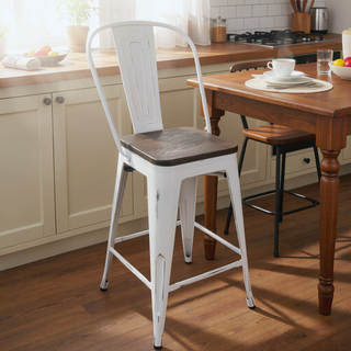 Sunvega Industrial High Back Counter Stools with Steel Frame and Bamboo Seat