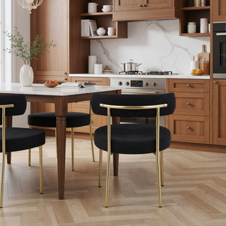 Sunvega Mid-Century Modern Boucle Dining Chairs with Curved Backrest and Brushed Brass Metal Legs
