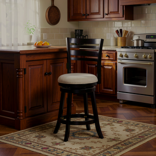 Sunvega Cherry Finish Beige Fabric Slat Back Swivel Stool for Counter Height