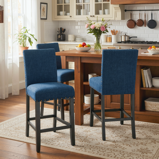 Sunvega Set of 2 Blue Linen Counter Height Stools with Nailhead Trim