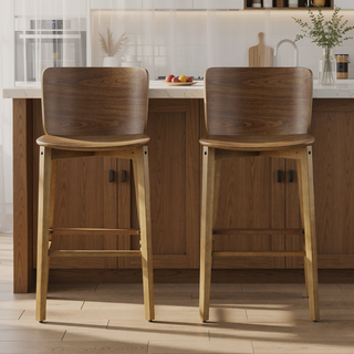 Sunvega Walnut Finished Rubberwood Barstool Set of 2 with Curved Backrest