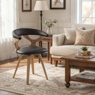 Sunvega Mid-Century Modern Dining Chair in White Washed Wood and Brown Faux Leather