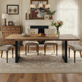 Sunvega Natural Acacia Live Edge Dining Table with Black Iron Legs