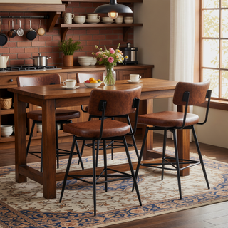Sunvega Retro Brown Leather Swivel Counter Stools Set of 2 with Iron Frame
