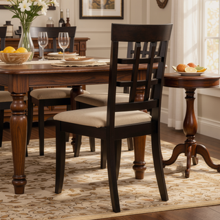 Sunvega Cappuccino and Beige Lattice Back Dining Chair Set with Checkered Wooden Design