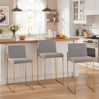 Sunvega Contemporary High Back Counter Stool Set of 3 in Gold Steel Grey Fabric