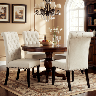 Sunvega Sand and Rustic Espresso Tufted Side Chairs with Rolled Backrest and Padded Seat