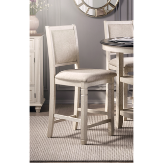 Sunvega Antique White Finish Wooden Counter Height Chairs with Textured Fabric Upholstery