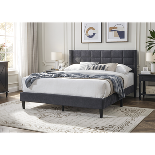 Sunvega Modern Charcoal Brushed Linen Upholstered Queen Size Headboard Bedframe