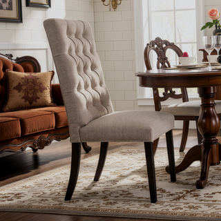 Sunvega Parsons Design Tan Linen Upholstered Side Chair with Vintage Black Finish