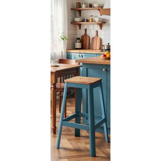 Sunvega Natural & Teal Finish Wooden Stationary Bar Stool with Metal Legs