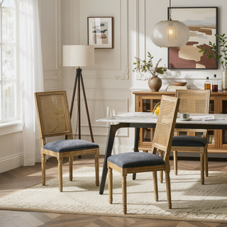 Sunvega French Country Dining Chairs with Cane Backrest Upholstered Seats and Fluted Legs