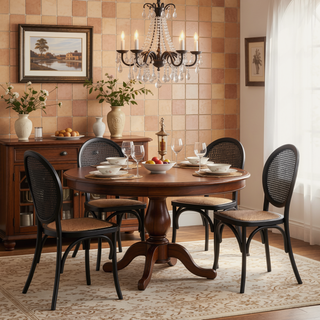 Sunvega Vintage Elm Wood Caning Dining Chairs with Rounded Backrest Set of 2