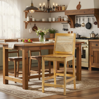 Sunvega Transitional Solid Wood and Rattan Counter Stool Set with Woven Upholstery