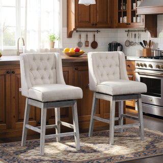 Sunvega Set of 2 Swivel Bar Stools with Button Tufted Backs and Wood Footrests