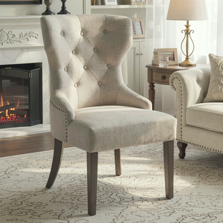 Sunvega Tufted Dining Chair with Nailhead Trim and Brown Legs in Beige