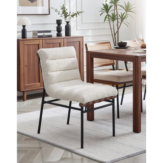 Sunvega Boucle Upholstered Chair with Cognac PU Leather Detailing and Black Iron Legs