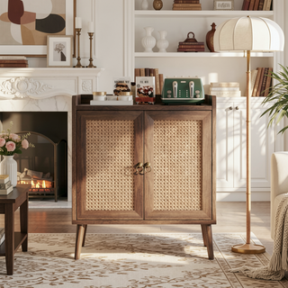 Sunvega Medieval Style Buffet Cabinet with Rattan Doors and Baffle Strip Design