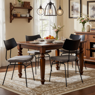 Sunvega Mid-Century Modern Black Metal and Dark Grey Faux Leather Dining Chairs