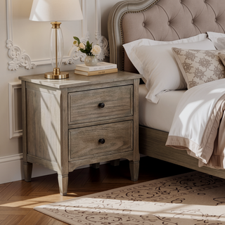 Sunvega Wire Brushed Gray Wooden Nightstand with 2 Drawers and Round Knobs