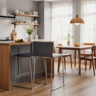 Sunvega Contemporary Counter Stool with Grey Faux Leather and Brushed Stainless Steel
