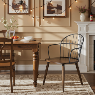 Sunvega Industrial Spindle-Back Dining Chair with Dark Walnut Wood Seat and Black Metal