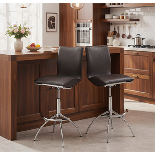 Sunvega Modern Brown PU Adjustable Swivel Bar Stool Set of 2 with Chrome Legs