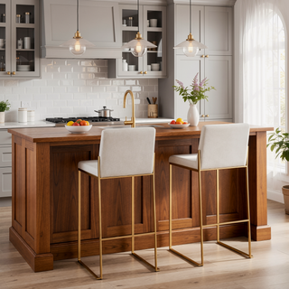 Sunvega Fuji Contemporary High Back Barstool with Padded Seat in Gold Steel and Beige Fabric