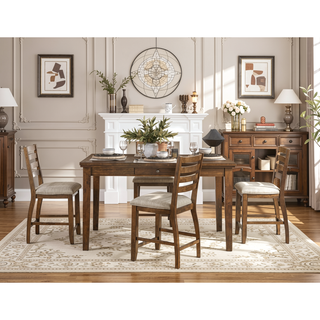 Sunvega Traditional Cherry Finish Wood Frame Counter Height Chairs with Beige Upholstery