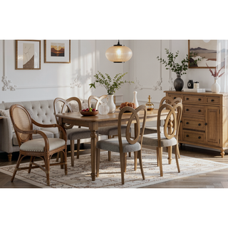 Sunvega Eucalyptus Wood Carved Backrest Chair Set of 2 with Upholstered Seat