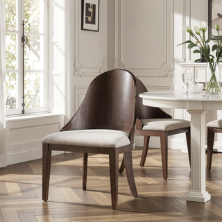 Sunvega Dark Walnut Brown Curved Panel Back Dining Chairs with Off White Fabric