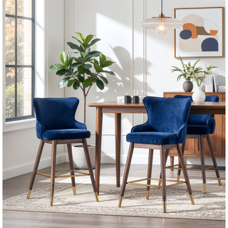 Sunvega Mid-Century Inspired Blue Velvet Upholstered Counter Height Wingback Stools