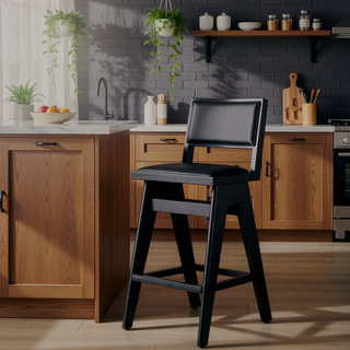 Sunvega Keira Black PU Bar Stool Set of 2 with Mid-Century Design and Full Back